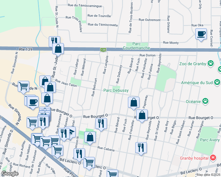map of restaurants, bars, coffee shops, grocery stores, and more near 387 Rue Desjardins North in Granby