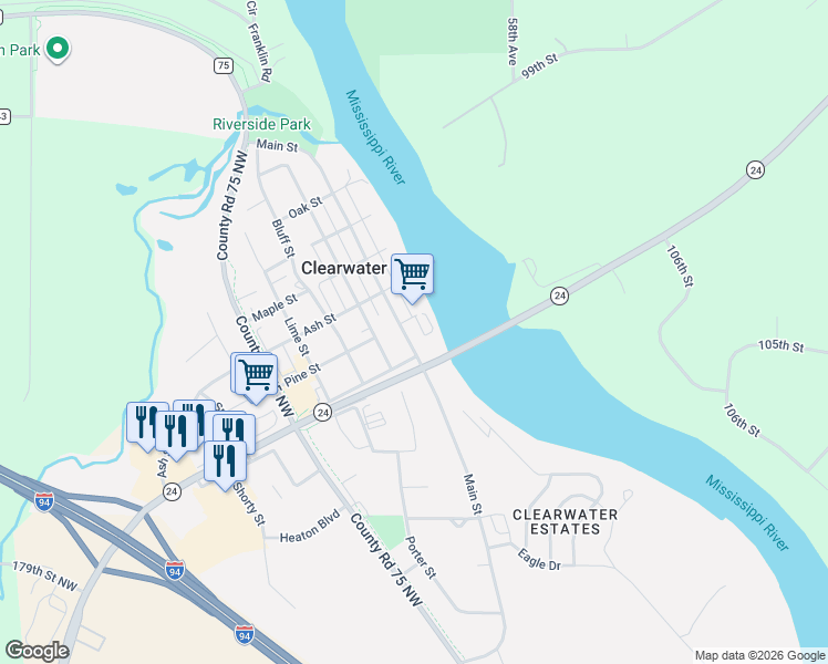 map of restaurants, bars, coffee shops, grocery stores, and more near 740 Main Street in Clearwater