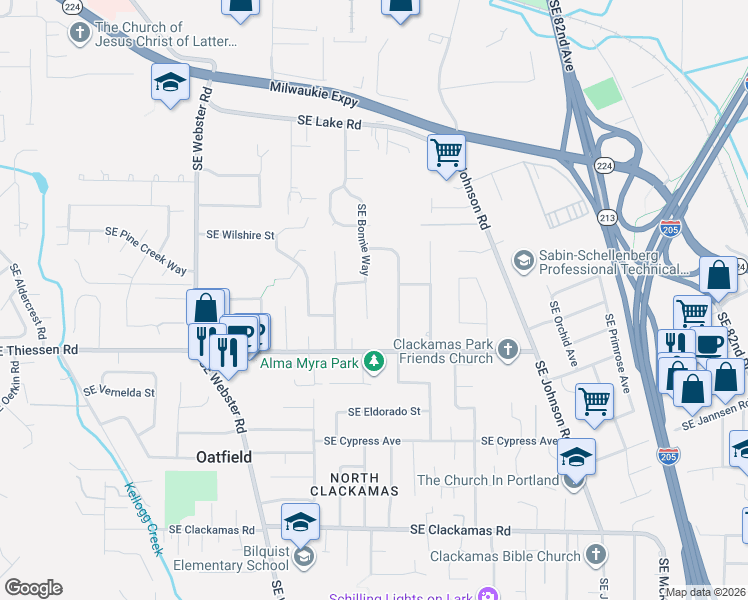 map of restaurants, bars, coffee shops, grocery stores, and more near 14576 Southeast Bonnie Way in Milwaukie