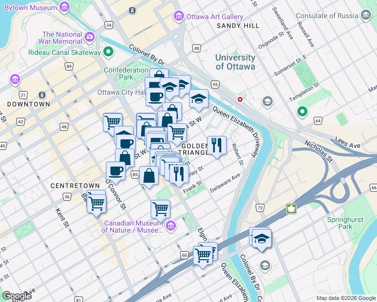 map of restaurants, bars, coffee shops, grocery stores, and more near 77 Cartier Street in Ottawa