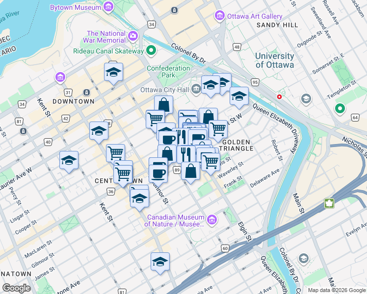 map of restaurants, bars, coffee shops, grocery stores, and more near 205 Somerset Street West in Ottawa