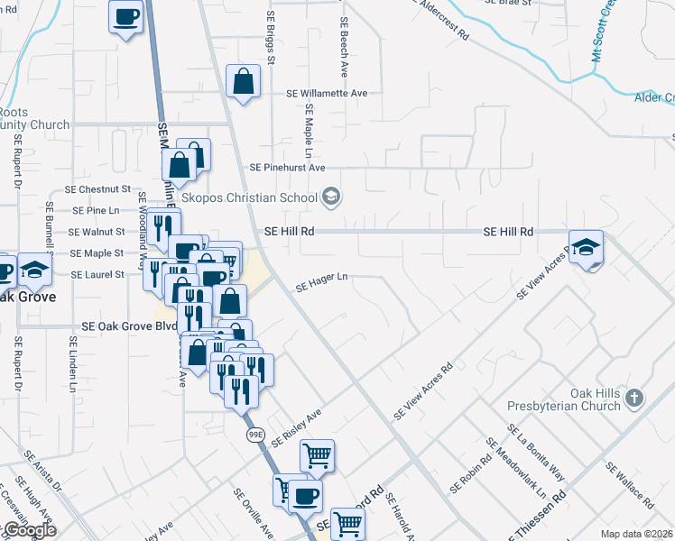 map of restaurants, bars, coffee shops, grocery stores, and more near 3743 Southeast Hager Lane in Milwaukie