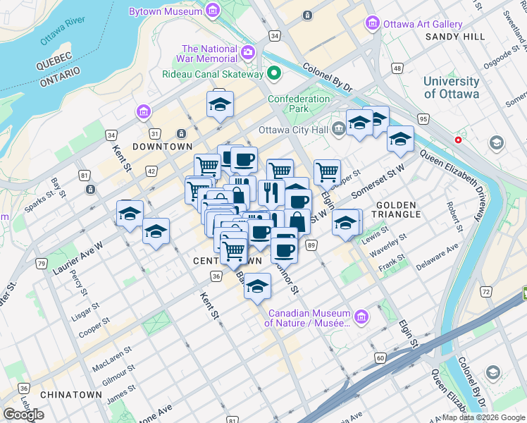 map of restaurants, bars, coffee shops, grocery stores, and more near 258 Lisgar Street in Ottawa