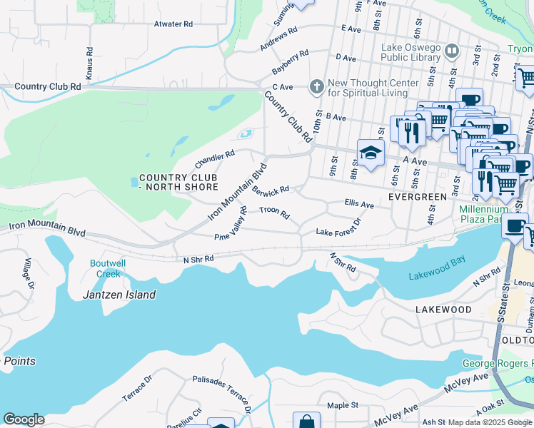 map of restaurants, bars, coffee shops, grocery stores, and more near 1132 Troon Road in Lake Oswego