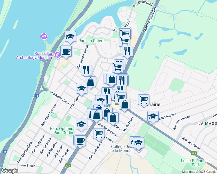 map of restaurants, bars, coffee shops, grocery stores, and more near 170 Boulevard Taschereau in La Prairie