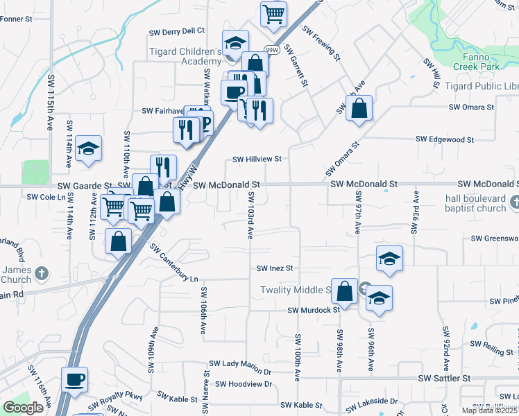 map of restaurants, bars, coffee shops, grocery stores, and more near 14230 Southwest 103rd Avenue in Tigard
