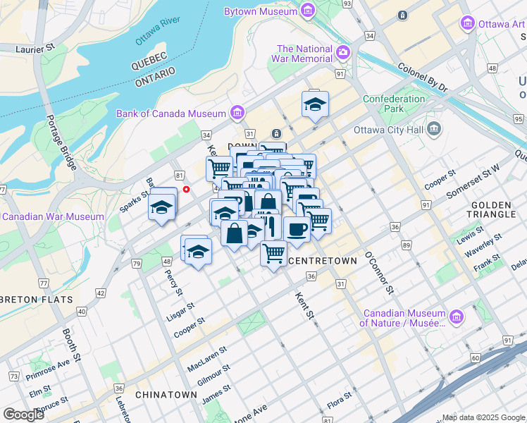 map of restaurants, bars, coffee shops, grocery stores, and more near 360 Laurier Avenue West in Ottawa