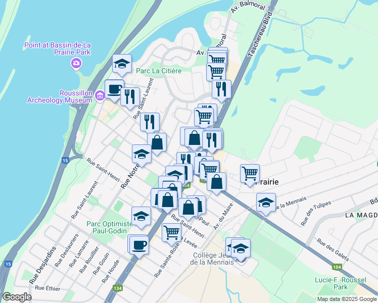 map of restaurants, bars, coffee shops, grocery stores, and more near 170 Boulevard Taschereau in La Prairie