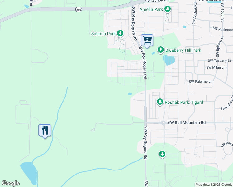 map of restaurants, bars, coffee shops, grocery stores, and more near 14011 Southwest Roy Rogers Road in Sherwood