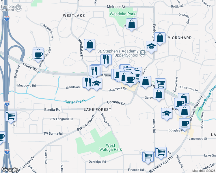 map of restaurants, bars, coffee shops, grocery stores, and more near 5005 Meadows Road in Lake Oswego
