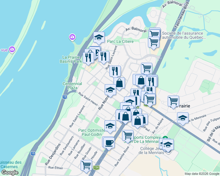 map of restaurants, bars, coffee shops, grocery stores, and more near Rue Saint Georges in La Prairie