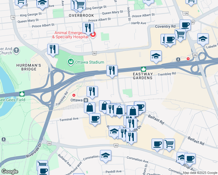 map of restaurants, bars, coffee shops, grocery stores, and more near 47 Avenue L in Ottawa