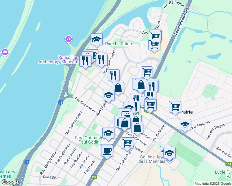 map of restaurants, bars, coffee shops, grocery stores, and more near 315 Rue Saint-Charles in La Prairie