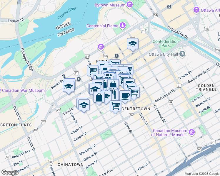 map of restaurants, bars, coffee shops, grocery stores, and more near 360 Laurier Avenue West in Ottawa