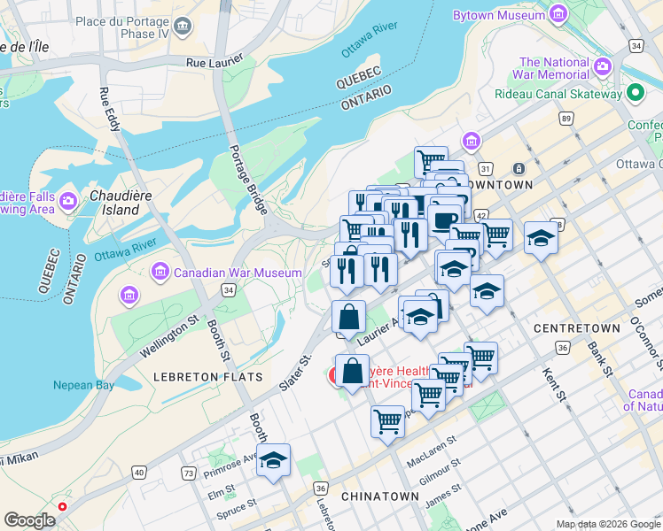 map of restaurants, bars, coffee shops, grocery stores, and more near 450 Queen Street in Ottawa