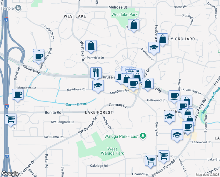 map of restaurants, bars, coffee shops, grocery stores, and more near 5005 Meadows Road in Lake Oswego