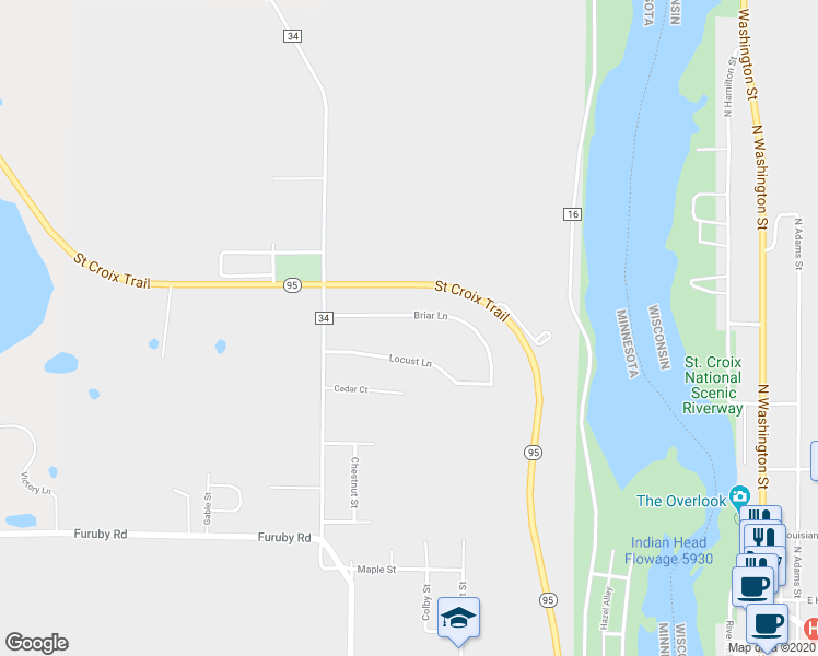 map of restaurants, bars, coffee shops, grocery stores, and more near 461 Briar Lane in Taylors Falls