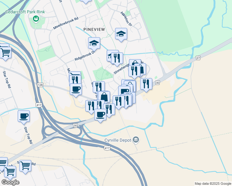map of restaurants, bars, coffee shops, grocery stores, and more near 1676 Saxony Crescent in Ottawa