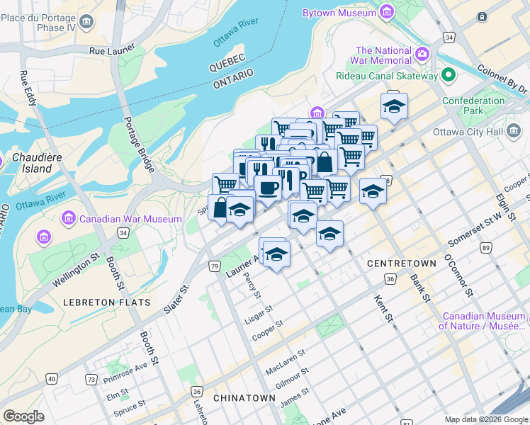 map of restaurants, bars, coffee shops, grocery stores, and more near 400 Albert Street in Ottawa