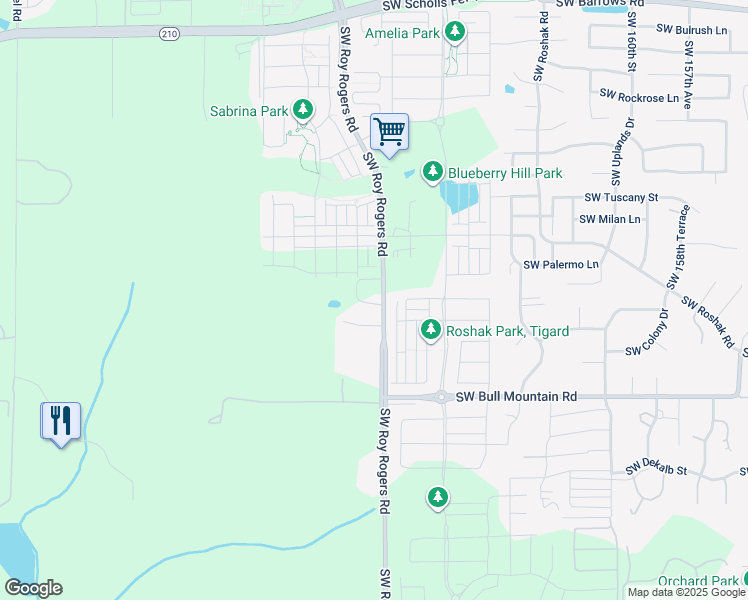 map of restaurants, bars, coffee shops, grocery stores, and more near 14089 Southwest Roy Rogers Road in Sherwood