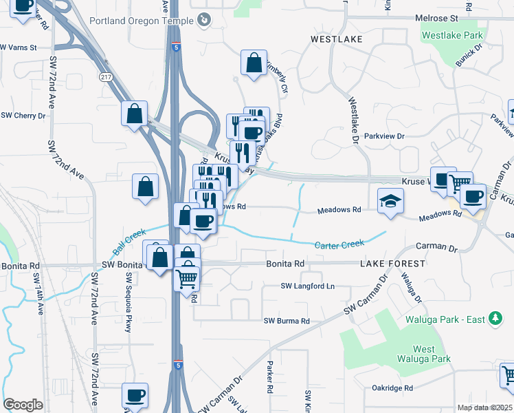 map of restaurants, bars, coffee shops, grocery stores, and more near 6000 Meadows Road in Lake Oswego