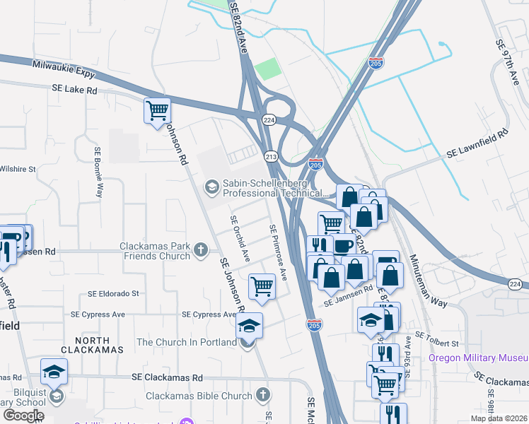 map of restaurants, bars, coffee shops, grocery stores, and more near 14579 Southeast Primrose Avenue in Milwaukie