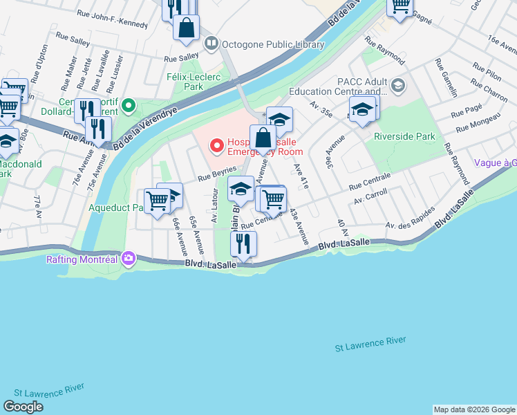 map of restaurants, bars, coffee shops, grocery stores, and more near 692 44e Avenue in Montrã©Al
