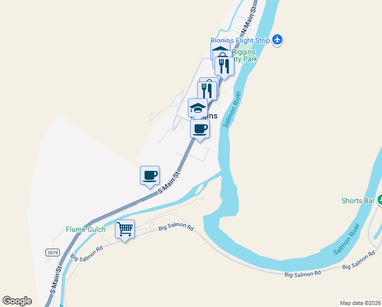 map of restaurants, bars, coffee shops, grocery stores, and more near 613 Main Street in Riggins