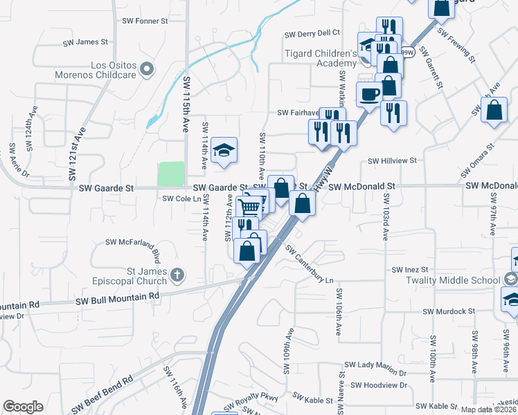 map of restaurants, bars, coffee shops, grocery stores, and more near 14040 Southwest 112th Avenue in Portland