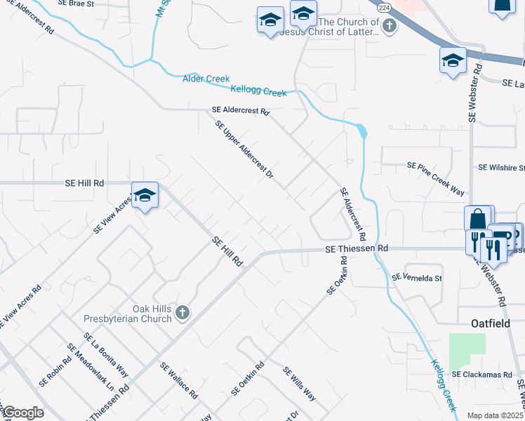 map of restaurants, bars, coffee shops, grocery stores, and more near 14321 Southeast Upper Aldercrest Drive in Milwaukie