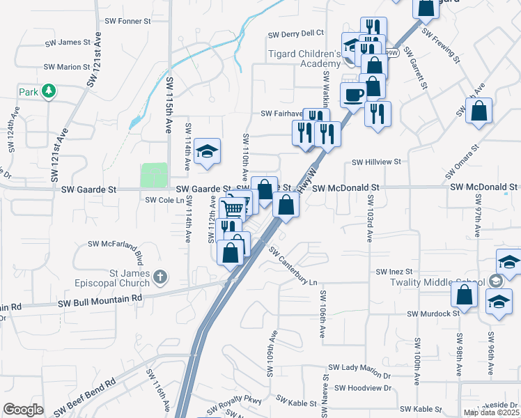 map of restaurants, bars, coffee shops, grocery stores, and more near 11000 Southwest Gaarde Street in Portland