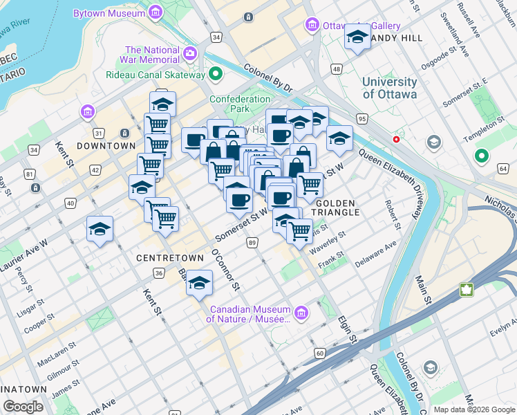 map of restaurants, bars, coffee shops, grocery stores, and more near 201 Cooper Street in Ottawa