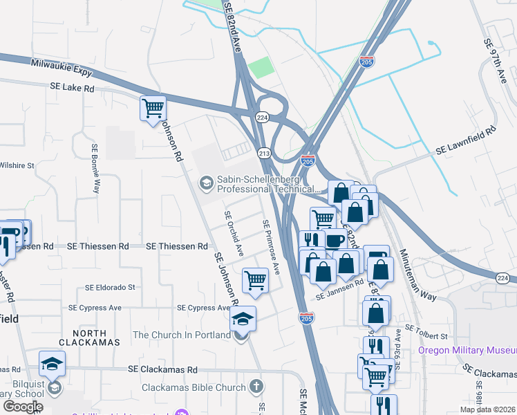map of restaurants, bars, coffee shops, grocery stores, and more near 14579 Southeast Primrose Avenue in Milwaukie