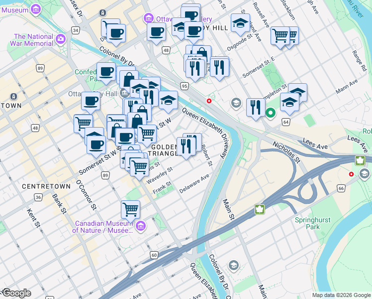 map of restaurants, bars, coffee shops, grocery stores, and more near 40 Lewis Street in Ottawa