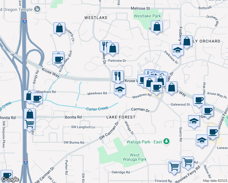 map of restaurants, bars, coffee shops, grocery stores, and more near 5217 Meadows Road in Lake Oswego