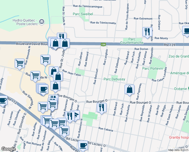map of restaurants, bars, coffee shops, grocery stores, and more near 523 Rue Jean Talon in Granby