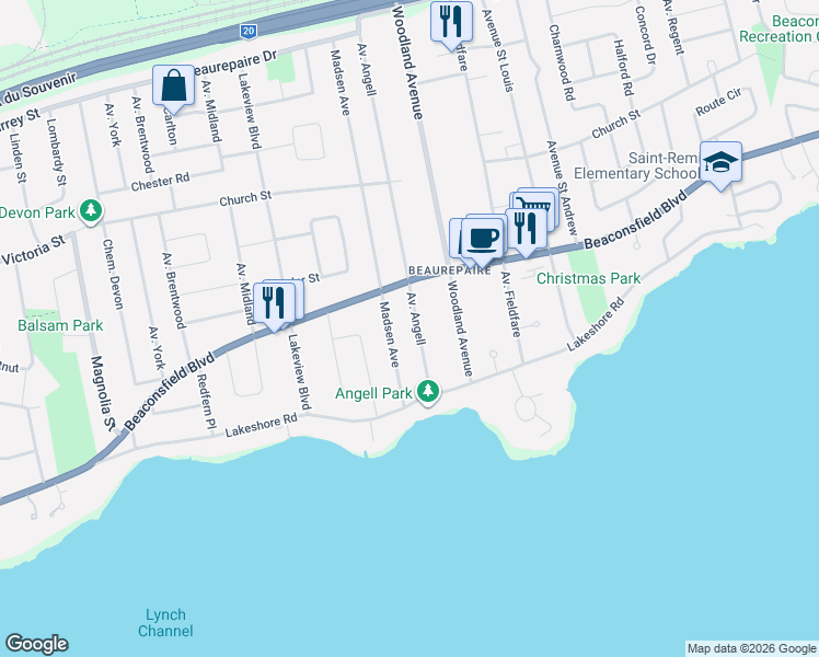 map of restaurants, bars, coffee shops, grocery stores, and more near 22 Avenue Angell in Beaconsfield