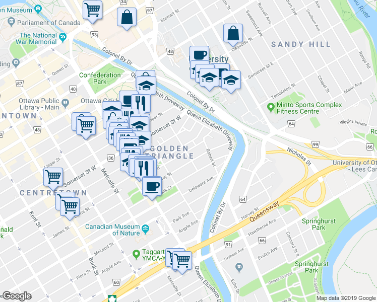 map of restaurants, bars, coffee shops, grocery stores, and more near 40 Lewis Street in Ottawa