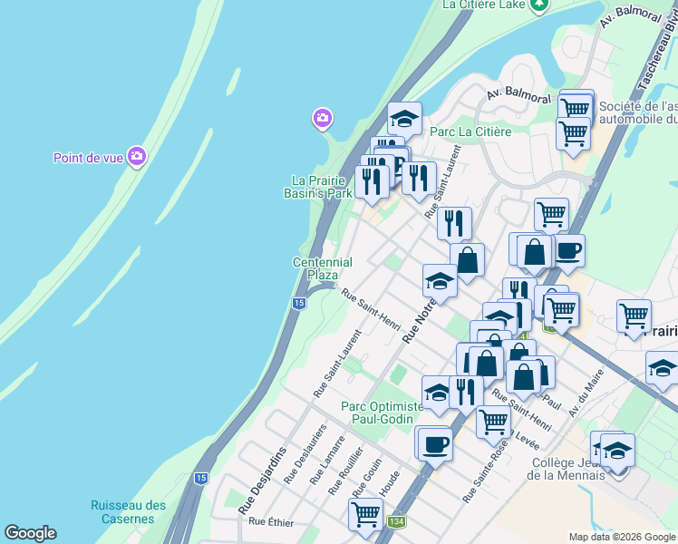 map of restaurants, bars, coffee shops, grocery stores, and more near 362 Rue Saint-Ignace in La Prairie