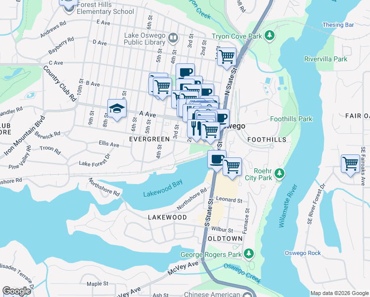 map of restaurants, bars, coffee shops, grocery stores, and more near 250 Evergreen Road in Lake Oswego