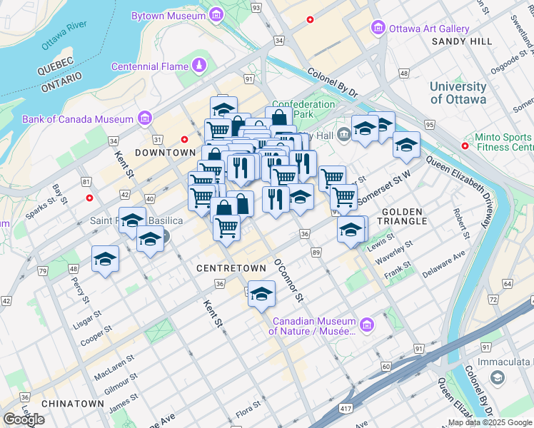 map of restaurants, bars, coffee shops, grocery stores, and more near 252 Lisgar Street in Ottawa