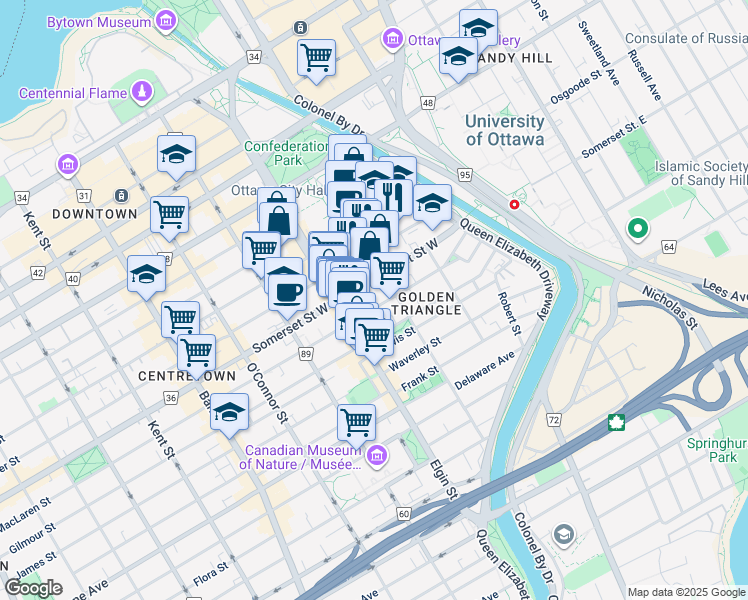 map of restaurants, bars, coffee shops, grocery stores, and more near 143 MacLaren Street in Ottawa