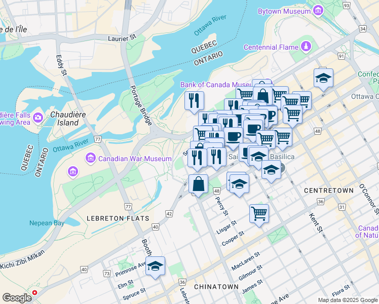map of restaurants, bars, coffee shops, grocery stores, and more near 418 Sparks Street in Ottawa