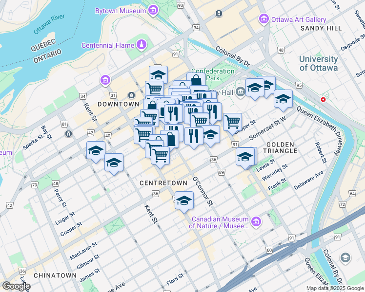 map of restaurants, bars, coffee shops, grocery stores, and more near 257 Lisgar Street in Ottawa
