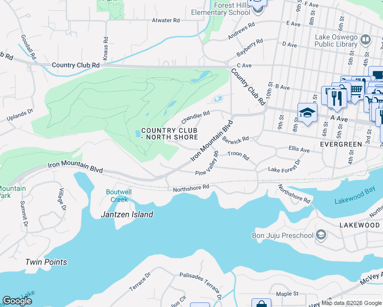 map of restaurants, bars, coffee shops, grocery stores, and more near 1572 Chandler Road in Lake Oswego