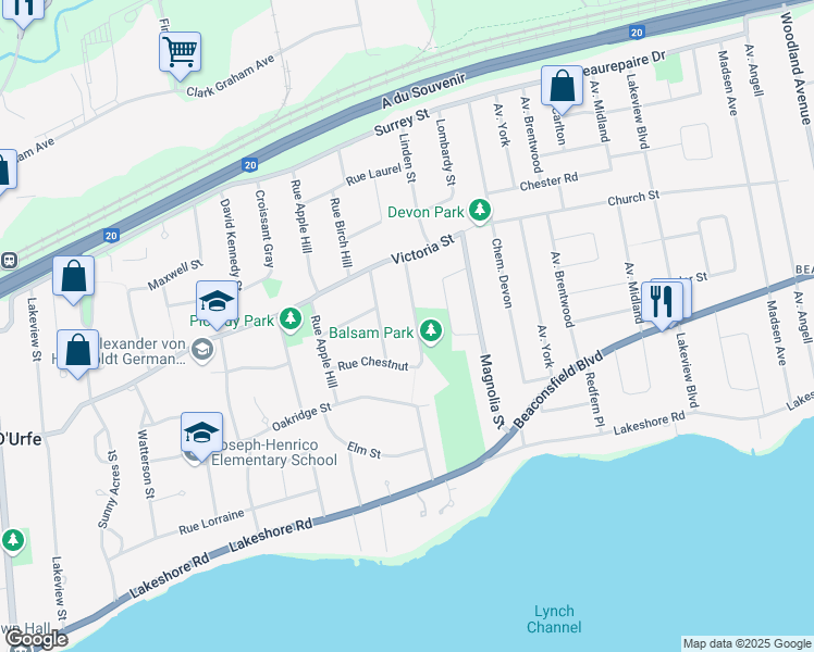 map of restaurants, bars, coffee shops, grocery stores, and more near 26 Rue Beechwood in Baie-d'Urfé