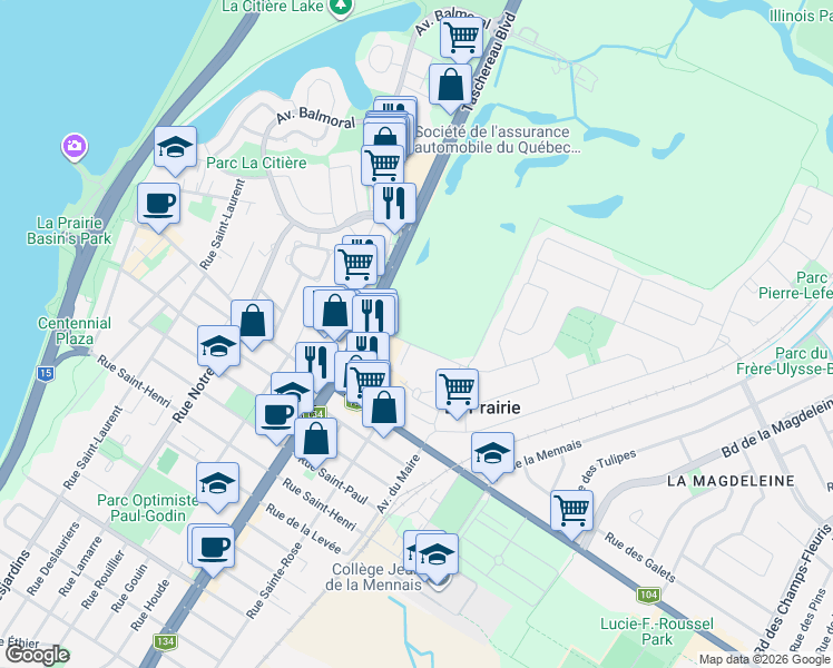 map of restaurants, bars, coffee shops, grocery stores, and more near 35 Avenue Ernest-Rochette in La Prairie