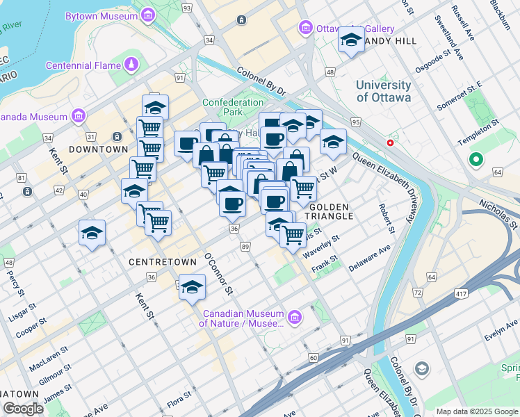 map of restaurants, bars, coffee shops, grocery stores, and more near 201 Cooper Street in Ottawa