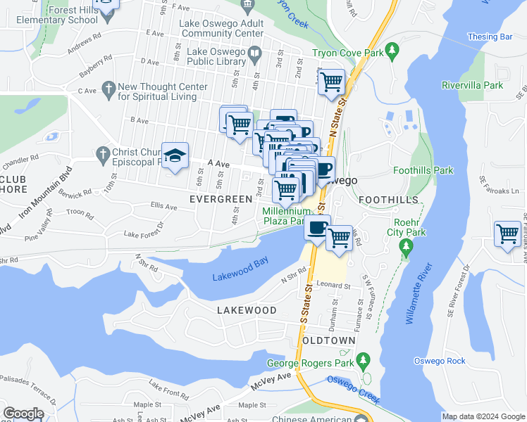 map of restaurants, bars, coffee shops, grocery stores, and more near 279 Evergreen Road in Lake Oswego