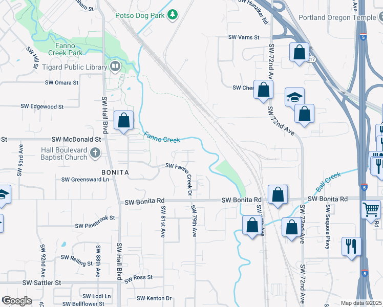 map of restaurants, bars, coffee shops, grocery stores, and more near 7915 Southwest Fanno Creek Drive in Tigard